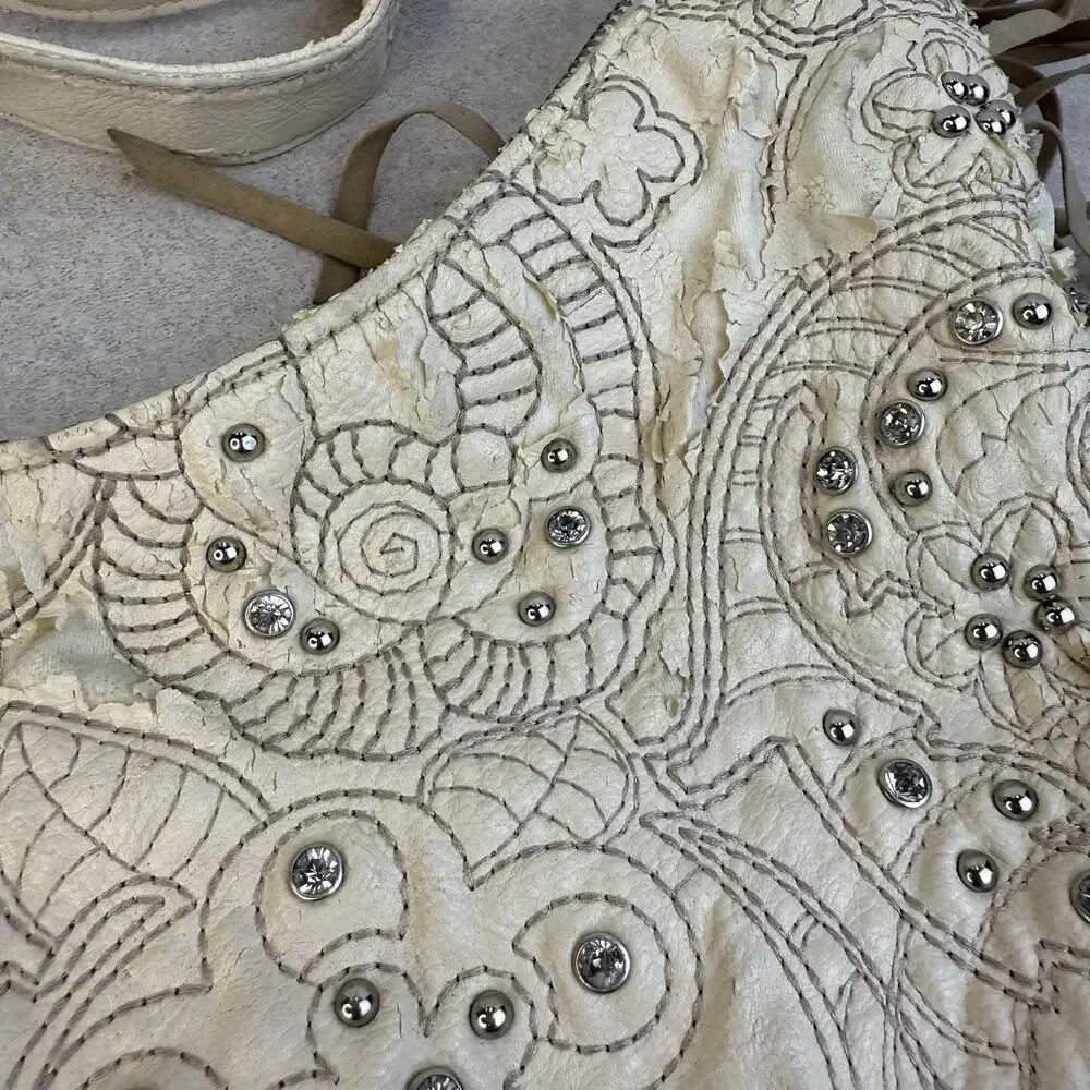 Vintage Womens Western Boho Fringe Ivory Colored‎ Purse Bejeweled Zipper